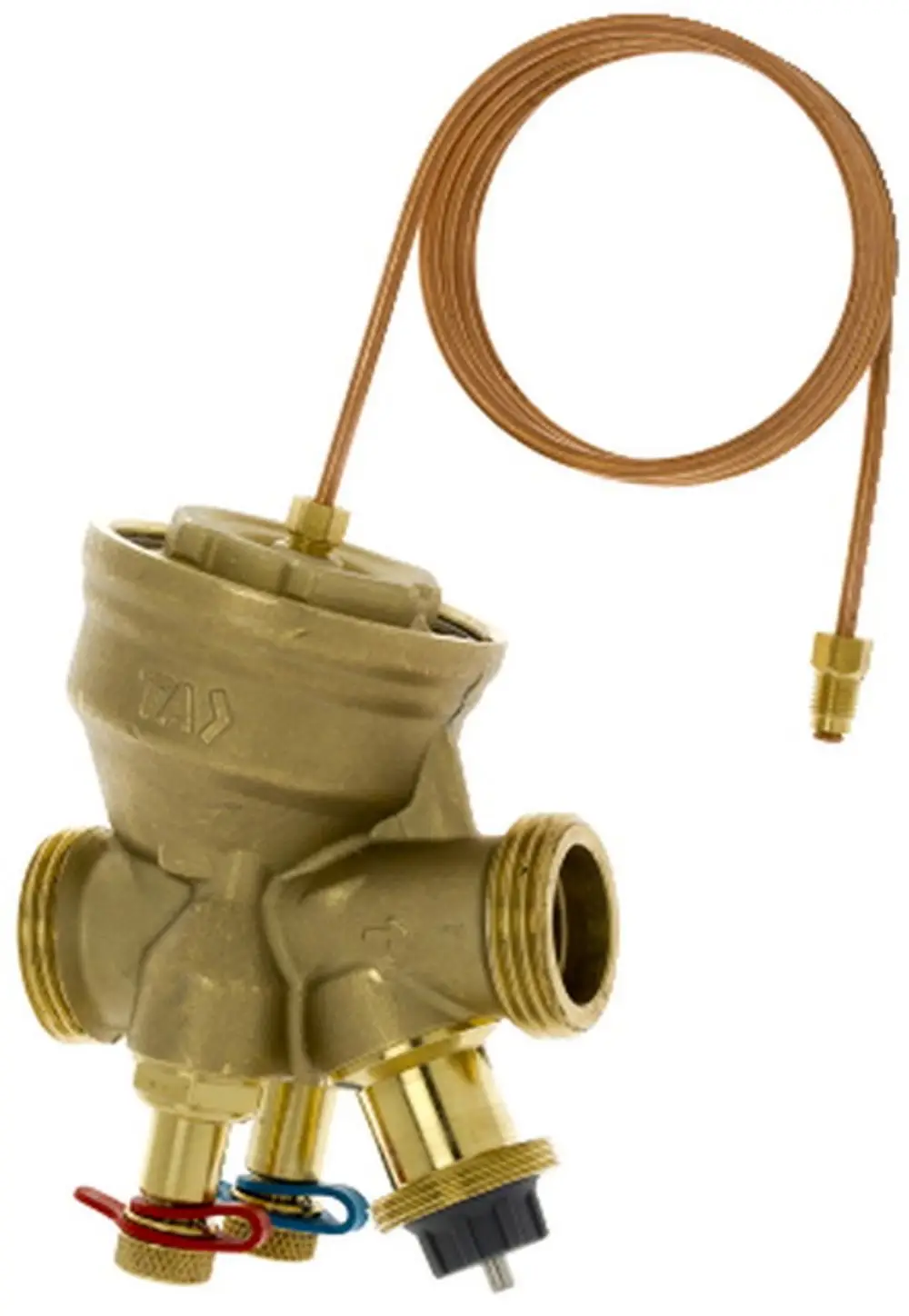 Regel- und Regulierventil aus Messing mit mehreren Anschlüssen und einer Komfort-Leitung, hergestellt von IMI Hydronic Engineering.